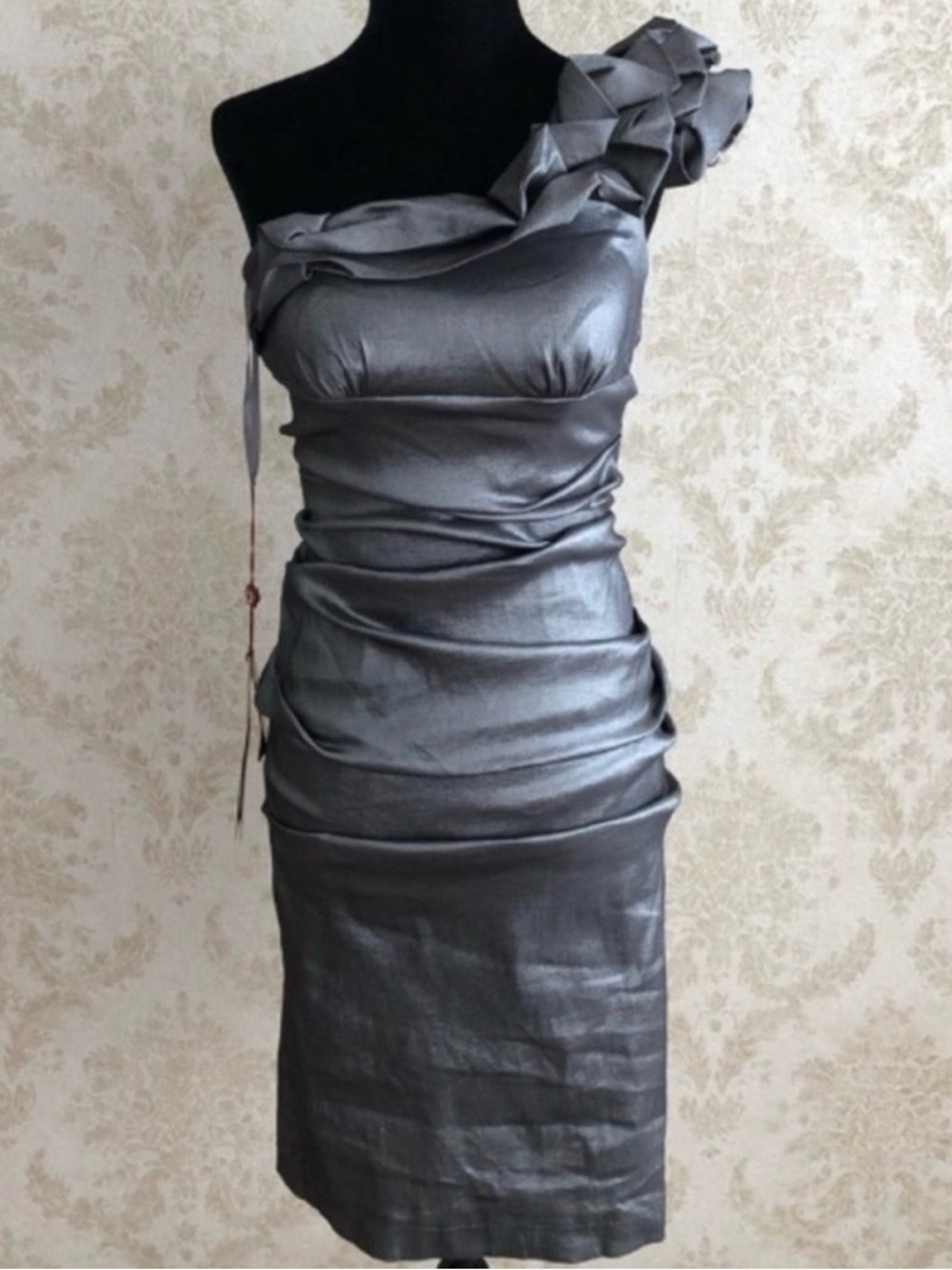BNWT May Queen One-Shoulder Metallic Gray Evening Dress